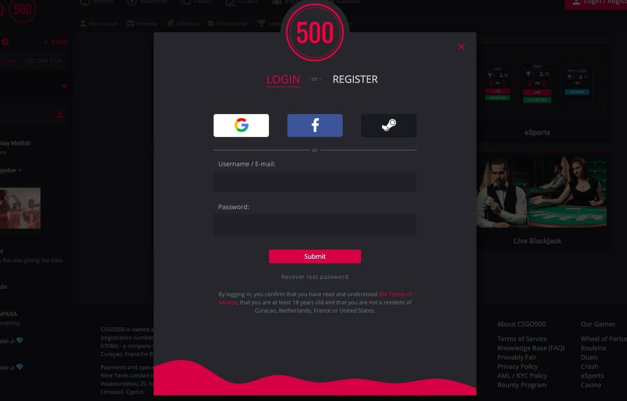 CSGO500.com create account